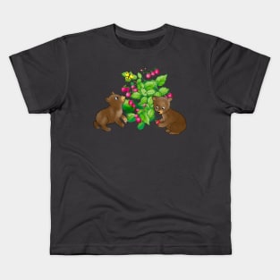 cartoon bear cubs on a background of raspberries and flowers Kids T-Shirt